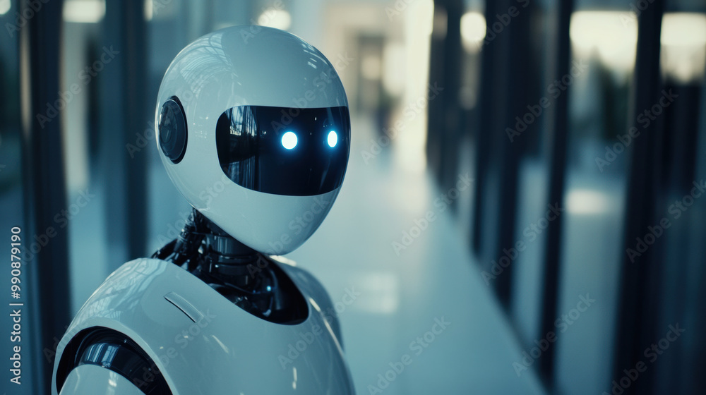 Fototapeta premium futuristic robot with glowing blue eyes stands in modern corridor, showcasing advanced technology and design. Its sleek appearance evokes curiosity and innovation