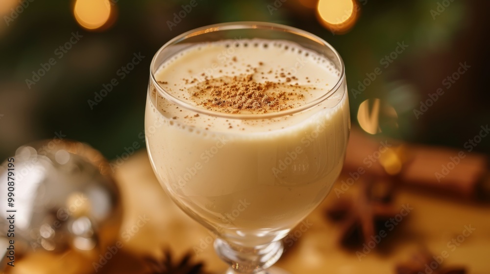 Creamy Eggnog in Elegant Glass with Festive Background Creamy Eggnog in Elegant Glass with Festive Background