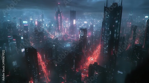 Foggy night revealing glowing graffiti on dark city rooftops picture