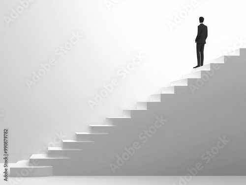 A silhouette of a man standing at the top of a white staircase, symbolizing aspiration and achievement in a minimalistic environment.