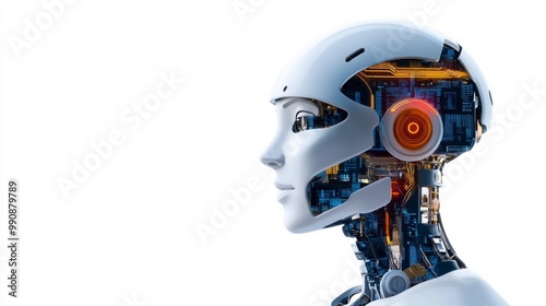 A futuristic humanoid robot head showcasing intricate technology and design, symbolizing innovation in artificial intelligence.