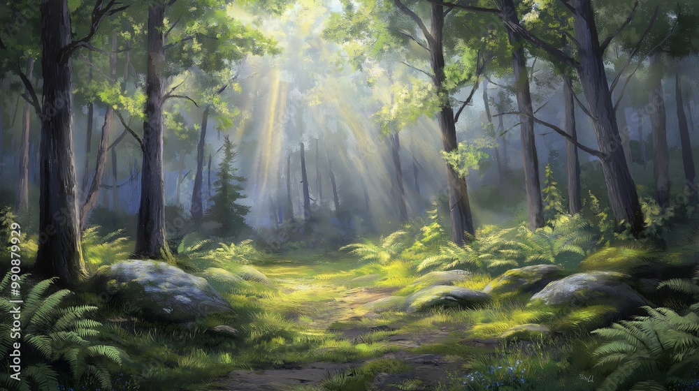 A serene forest with tall trees and sunlight filtering through the leaves A serene forest with tall trees and sunlight filtering through the leaves
