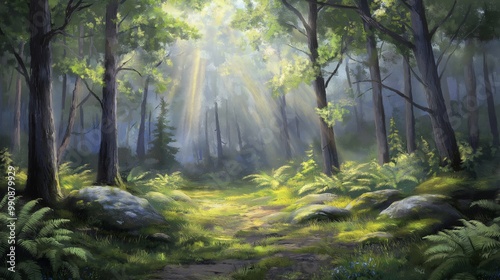 A serene forest with tall trees and sunlight filtering through the leaves