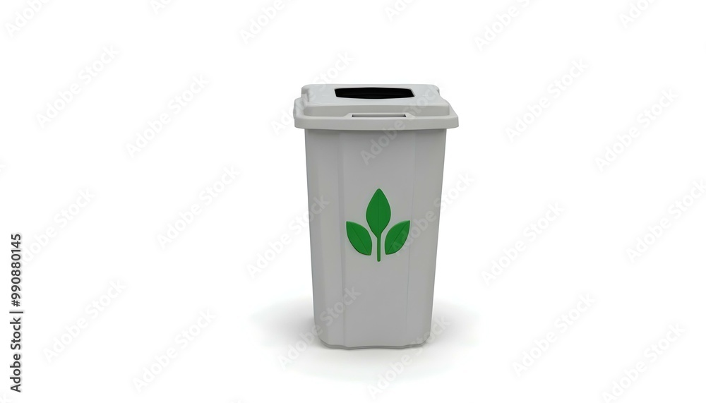 Trash can bin with green leaves representing eco friendly waste disposal Trash can bin with green leaves representing eco friendly waste disposal