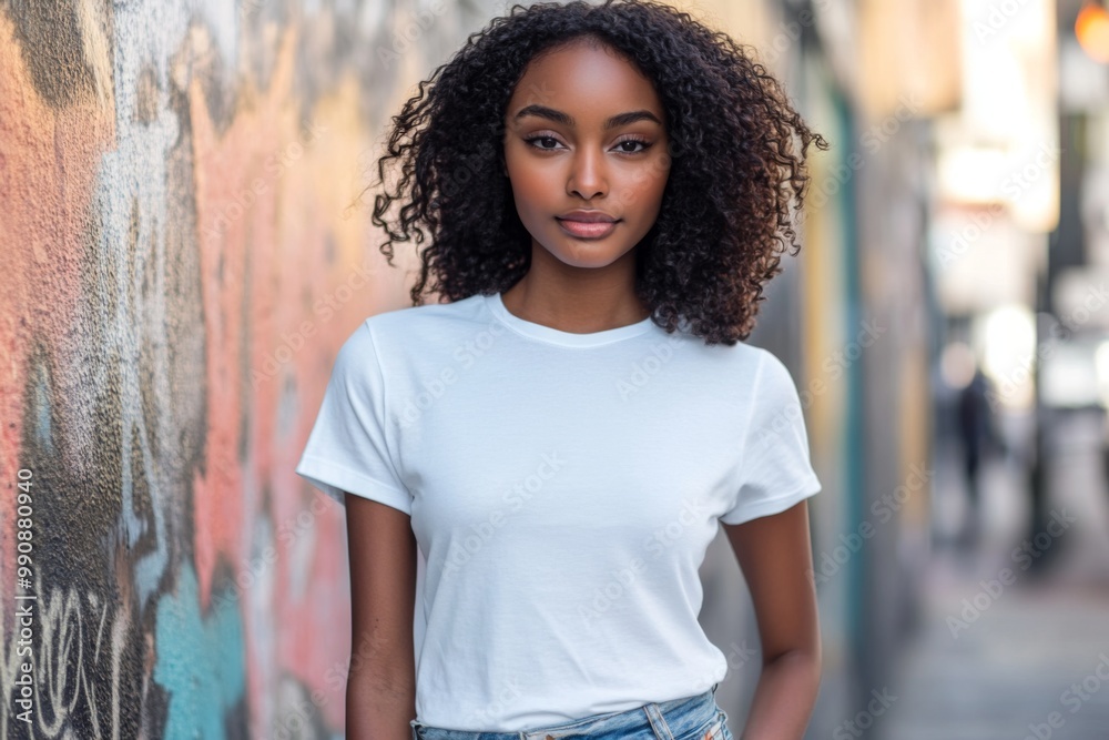 Fototapeta premium Street style photo of black woman wearing white blank t-shirt mockup 