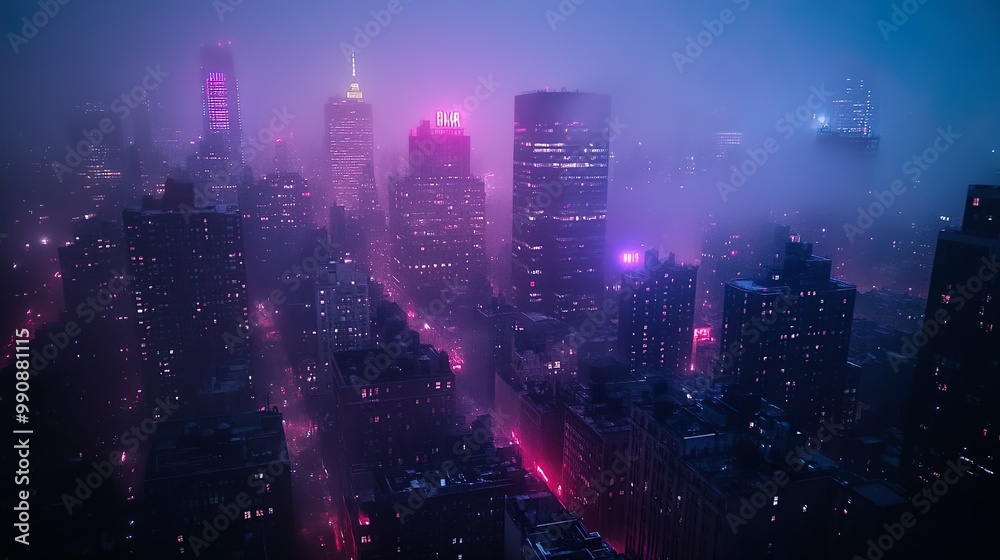 Fototapeta premium Dark city rooftops glowing with bright graffiti under foggy night picture