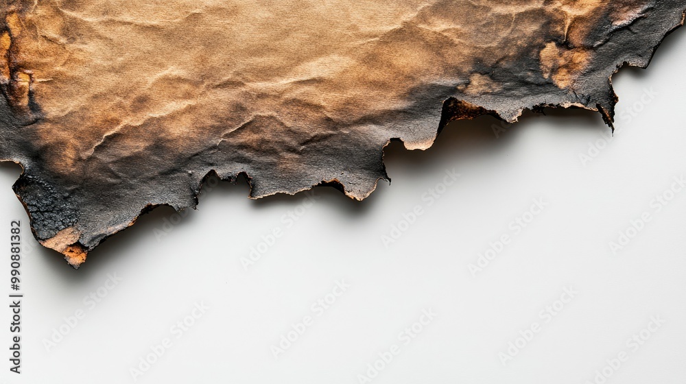 Fototapeta premium Close-up of a burnt piece of paper with charred edges, isolated on a crisp white background.