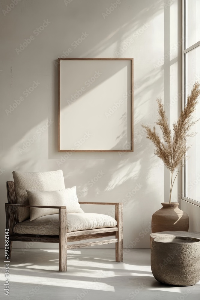 Cozy Minimalist Living Room with Wooden Armchair and Blank Frame on Wall in Sunlit Space Cozy Minimalist Living Room with Wooden Armchair and Blank Frame on Wall in Sunlit Space