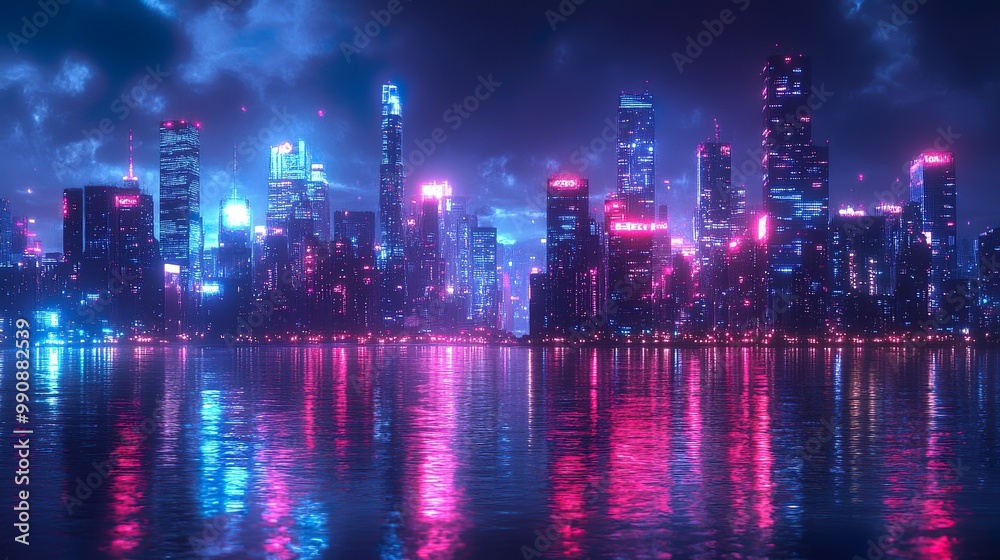 Foggy night falling over dark rooftops with glowing neon graffiti picture