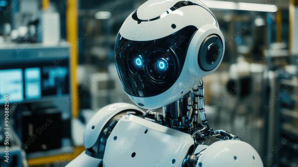 futuristic robot with sleek design and glowing blue eyes stands in modern industrial setting, showcasing advanced technology and innovation