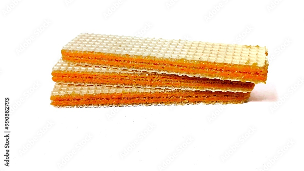 Fototapeta premium three layered wafers, with cheese paste, on an isolated white background