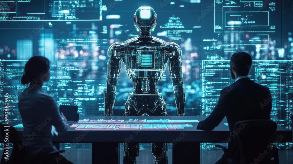 image depicts futuristic scene with humanoid robot interacting with two individuals at high tech control panel, surrounded by digital displays and data visualizations. atmosphere conveys sense of image depicts futuristic scene with humanoid robot interacting with two individuals at high tech control panel, surrounded by digital displays and data visualizations. atmosphere conveys sense of
