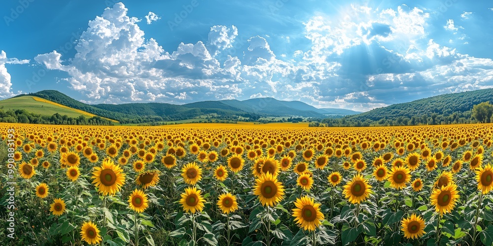 Naklejka premium Vibrant Sunflower Field Under Bright Blue Sky