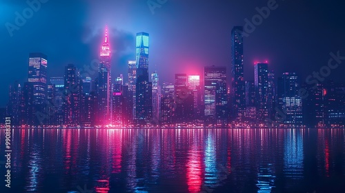 Neon graffiti glowing on dark rooftops during foggy night picture