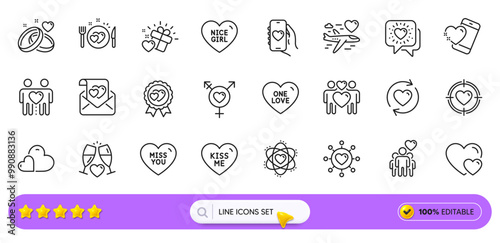 Love award, Friends chat and Dating app line icons for web app. Pack of Genders, Nice girl, One love pictogram icons. Atom, Valentine target, Update relationships signs. Dating network. Vector