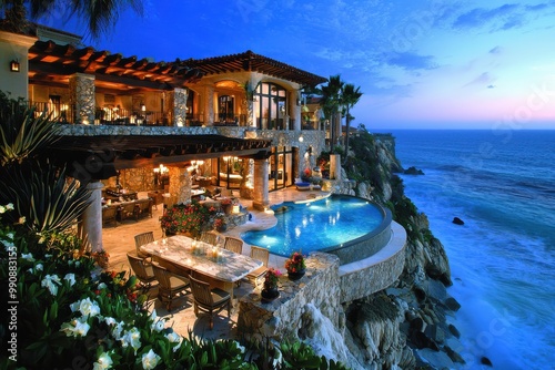 Luxurious seaside resort with swimming pool, restaurant and breathtaking ocean view at sunset