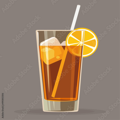 Glass of orange juice, cola, soda, lemonade, ice tea with lemon, ice and straw, vector illustration