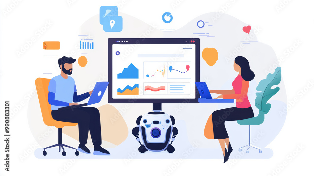Data driven decision making is enhanced by AI technology, as shown by two professionals analyzing information on laptops while robot assists them Data driven decision making is enhanced by AI technology, as shown by two professionals analyzing information on laptops while robot assists them