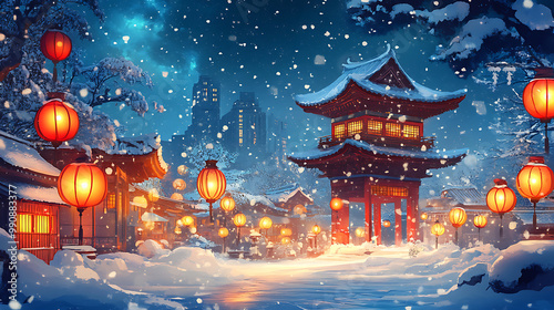 Glamorous Japanese winter festival background with snow-covered temples, bright lanterns, and cozy scenes