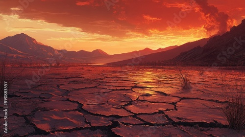 Cracked desert floor with distant mountains, dying vegetation, and a red, smoky sky from ongoing climate change effects