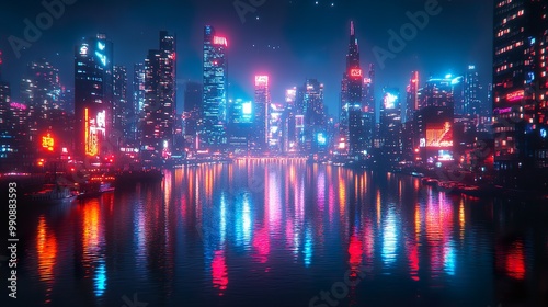 Dark city rooftops glowing under foggy night with neon graffiti picture