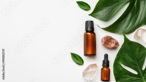 Essential oil roller blends guide, with a variety of oils and their intended uses for focus, relaxation, or energy, surrounded by fresh plants and crystals, 3D illustration