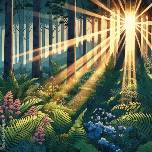 dense forest during sunrise illustration 