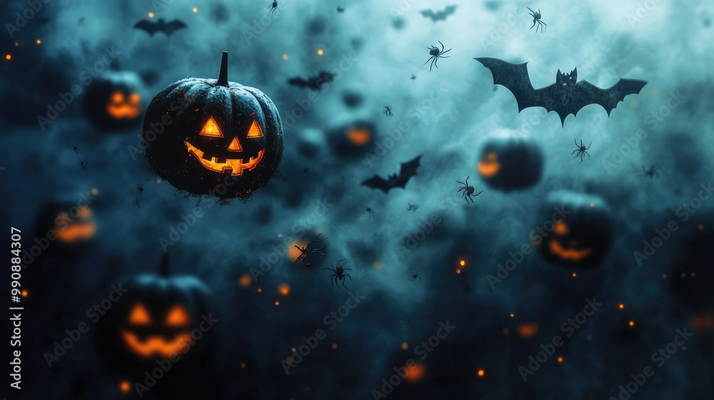 Dark Halloween banner filled with floating pumpkins, bats, and spiders over an eerie, fog-filled background