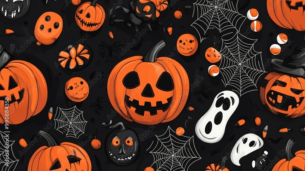 Dark Halloween pattern with orange pumpkins, intricate spider webs, candies, and spooky monsters, creating a playful, festive design. Dark Halloween pattern with orange pumpkins, intricate spider webs, candies, and spooky monsters, creating a playful, festive design.