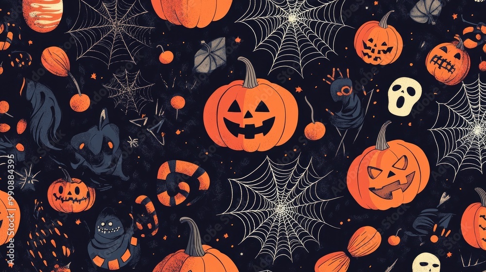 Dark Halloween pattern with orange pumpkins, intricate spider webs, candies, and spooky monsters, creating a playful, festive design. Dark Halloween pattern with orange pumpkins, intricate spider webs, candies, and spooky monsters, creating a playful, festive design.