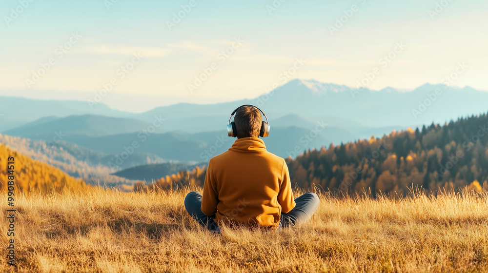 rear view man wearing headphones sitting on the hill in the autumn mountains. Meditation, tranqulility, relaxation, mental health concept banner/design rear view man wearing headphones sitting on the hill in the autumn mountains. Meditation, tranqulility, relaxation, mental health concept banner/design