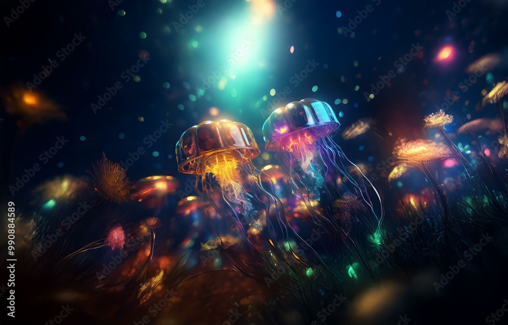 Two glowing jellyfish float in a field of abstract luminous flowers, the scene bathed in a surreal blue and orange light. Two glowing jellyfish float in a field of abstract luminous flowers, the scene bathed in a surreal blue and orange light.