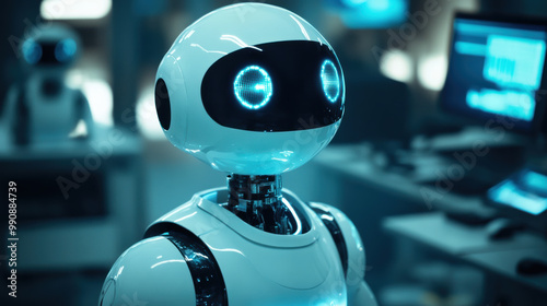 futuristic robot with glowing blue eyes stands in high tech environment, showcasing advanced technology and artificial intelligence. scene evokes sense of innovation and progress