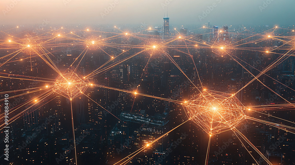 Obraz premium Wide-angle aerial view of a city skyline at night, with glowing connections between buildings and streetlights forming intricate networks representing smart urban infrastructure, featuring digital gol