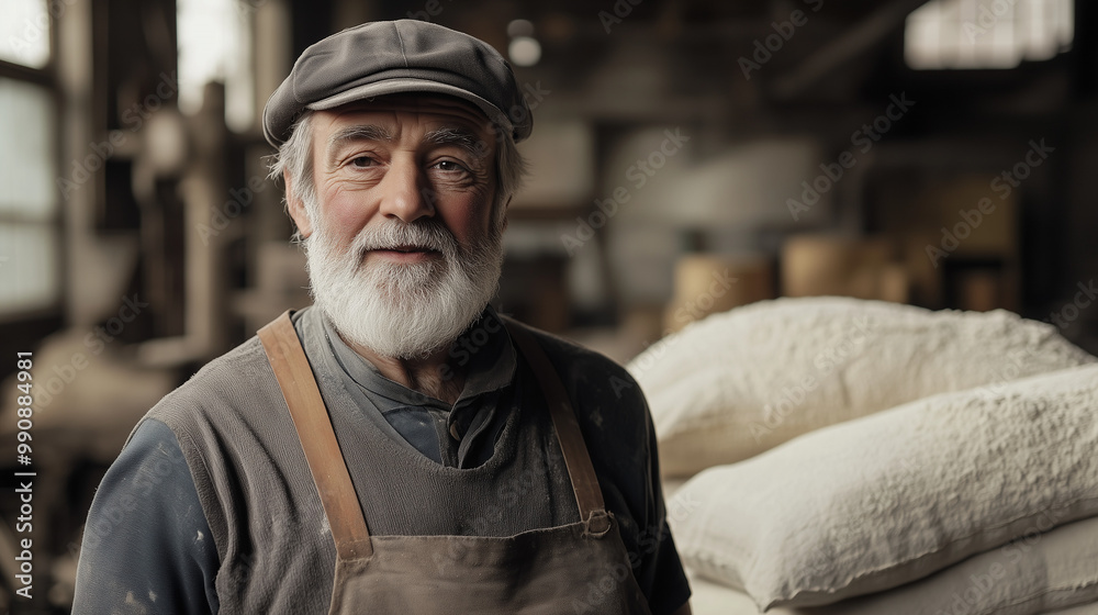 A portrait of an elderly man with a gray beard in work clothes and a cap. He stands in front of flour sacks in a mill A portrait of an elderly man with a gray beard in work clothes and a cap. He stands in front of flour sacks in a mill