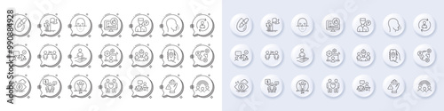 Leadership, Inclusion and Engineering team line icons. White pin 3d buttons, chat bubbles icons. Pack of Face recognition, Lawyer, Teamwork icon. Vector