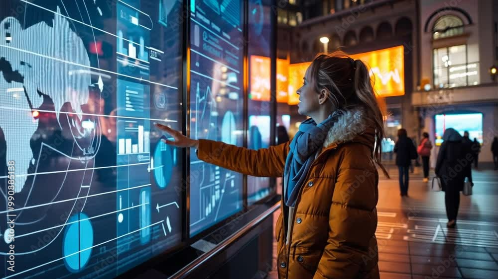 Interactive billboard showcasing smart technology with real-time user engagement. The setting is a lively urban street with people engaging through touch and gesture controls. Interactive billboard showcasing smart technology with real-time user engagement. The setting is a lively urban street with people engaging through touch and gesture controls.
