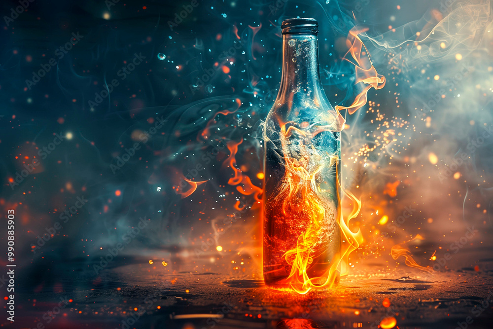 Bottle with fire and ice, mana and life. Concept Bottle with fire and ice, mana and life. Concept