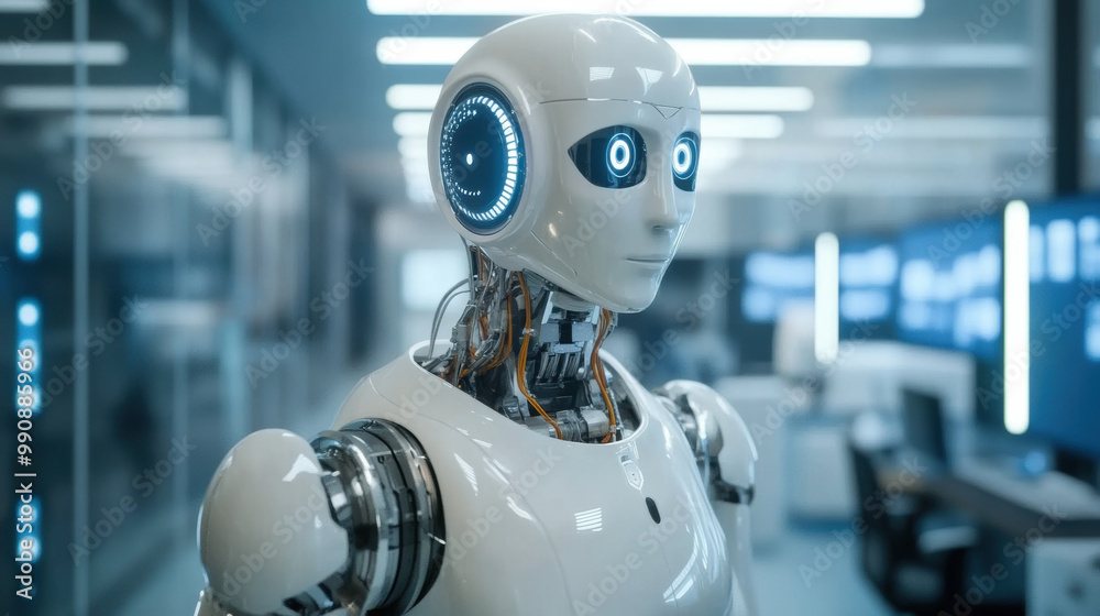 futuristic robot with sleek design and glowing blue eyes stands in modern office environment, showcasing advanced technology and innovation futuristic robot with sleek design and glowing blue eyes stands in modern office environment, showcasing advanced technology and innovation