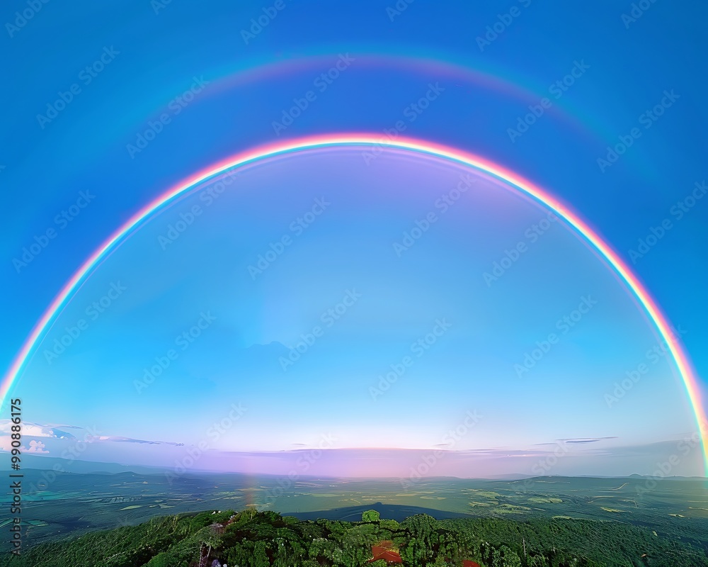 A vibrant rainbow arching across a clear blue sky with a lush green landscape below captured in stunning detail and vibrant colors