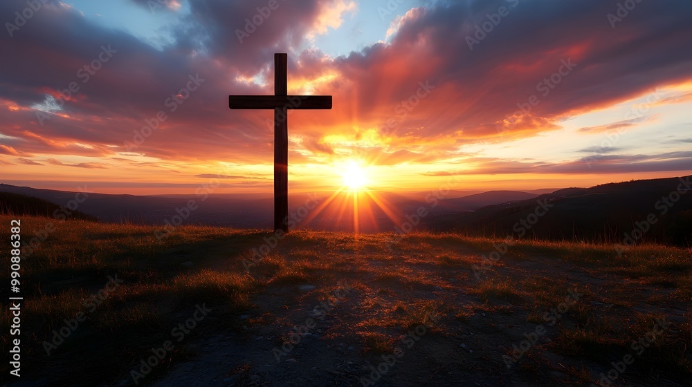 Wooden Cross Casting Dramatic Shadow on the Ground Against a Breathtaking Sunset Skyline with Vibrant Colors and Serene Atmosphere Wooden Cross Casting Dramatic Shadow on the Ground Against a Breathtaking Sunset Skyline with Vibrant Colors and Serene Atmosphere