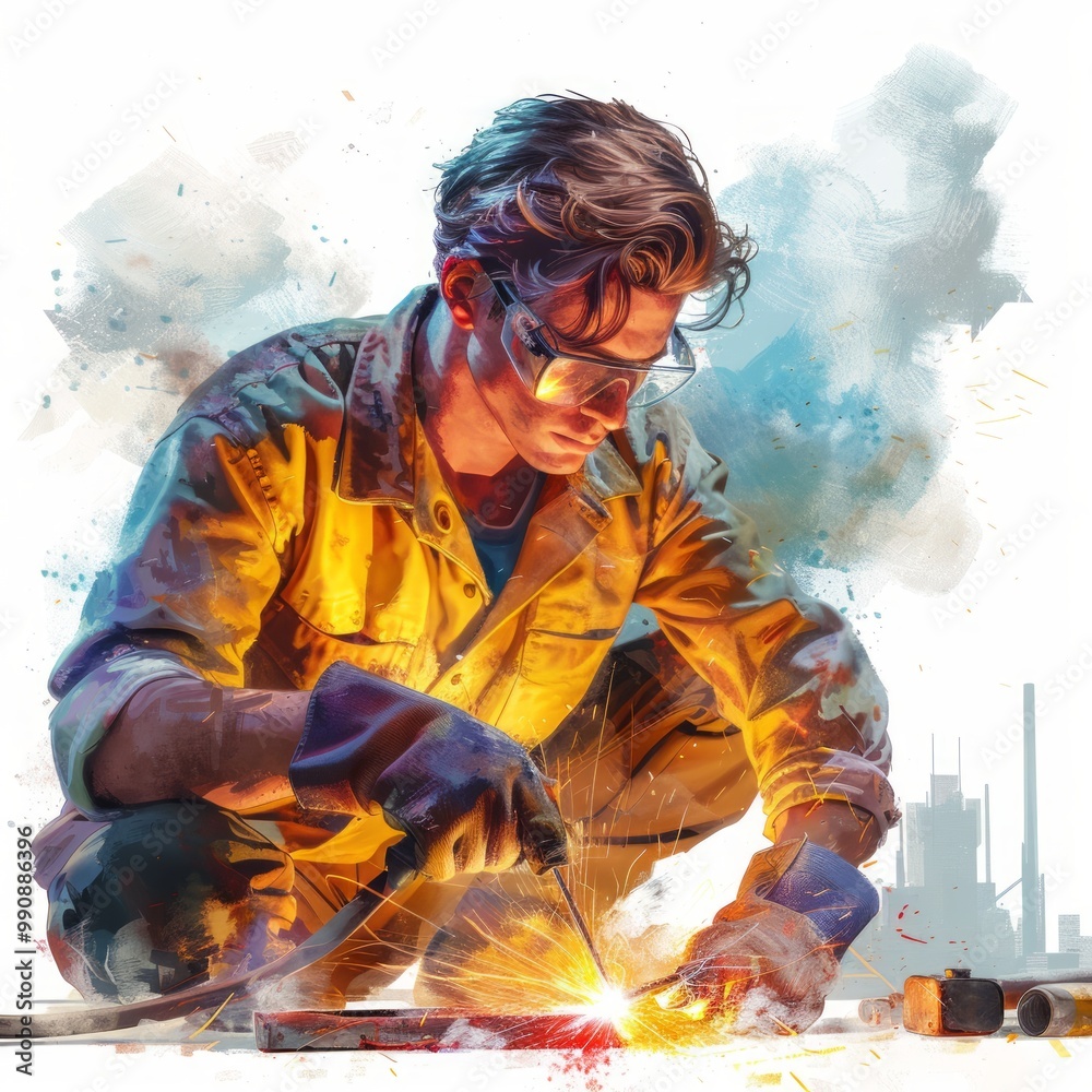 Young worker welding metal in a bright workshop setting during the day, showcasing skill and focus on the task