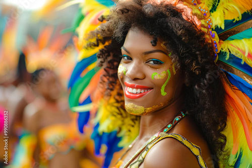 Brazilian carnival. Beautiful Dancers in outfit with feathers and wings enjoying the parade, smile to crowd