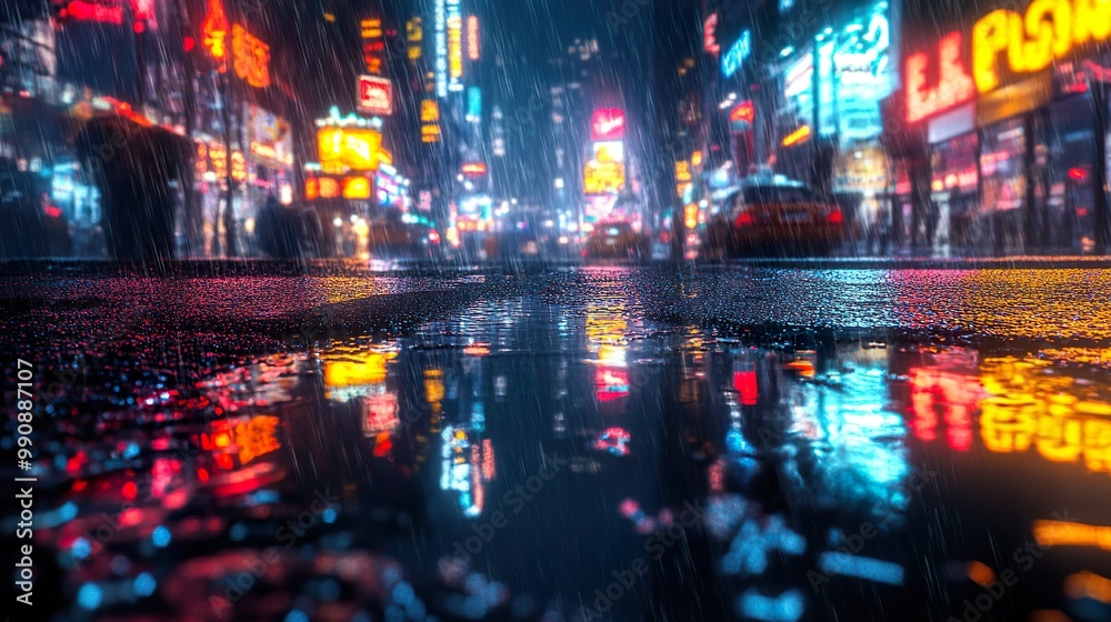 Dark rooftops illuminated by neon graffiti under foggy night sky picture