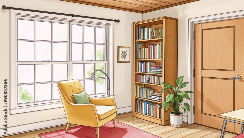 A drawing of a room with a chair and bookshelf. A drawing of a room with a chair and bookshelf.