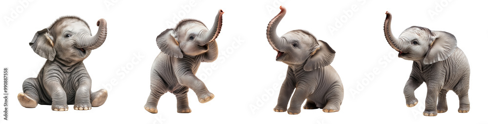 Obraz premium Playful baby elephant with its trunk raised, isolated on a transparent background. Capturing the joyful spirit of young wildlife, perfect for nature, safari, and animal-themed collections.