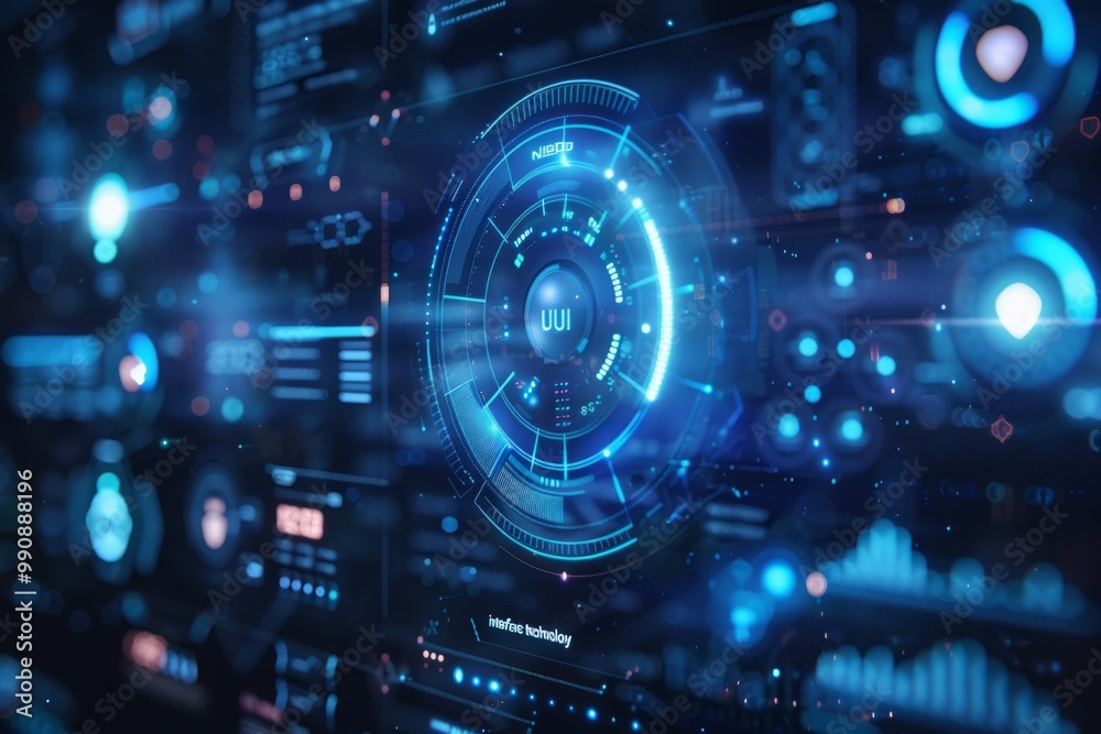 Futuristic interface displaying intricate technology visuals and data analysis in a digital environment