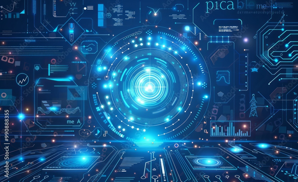 High-tech digital interface showcasing futuristic technology, data visualization, and geometric patterns in vibrant blue tones High-tech digital interface showcasing futuristic technology, data visualization, and geometric patterns in vibrant blue tones
