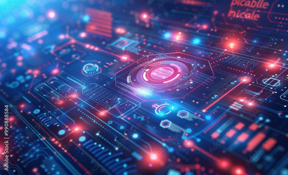 A vibrant digital circuit board illuminated by bright blue and red lights showcasing technology and innovation in a dark setting A vibrant digital circuit board illuminated by bright blue and red lights showcasing technology and innovation in a dark setting