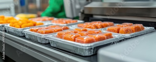 Automated packaging machine sealing ready-to-eat meals in a factory, automation, food preservation technology